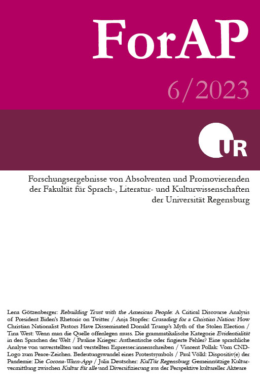 					Ansehen Bd. 6 Nr. 6 (2023): ForAP: Forschungsergebnisse von Absolventen und Promovierenden der Fakultät für Sprach-, Literatur- und Kulturwissenschaften
				