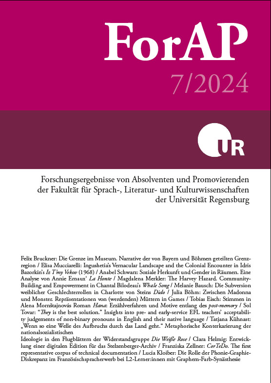 					Ansehen Bd. 7 Nr. 7 (2024): ForAP: Forschungsergebnisse von Absolventen und Promovierenden der Fakultät für Sprach-, Literatur- und Kulturwissenschaften
				